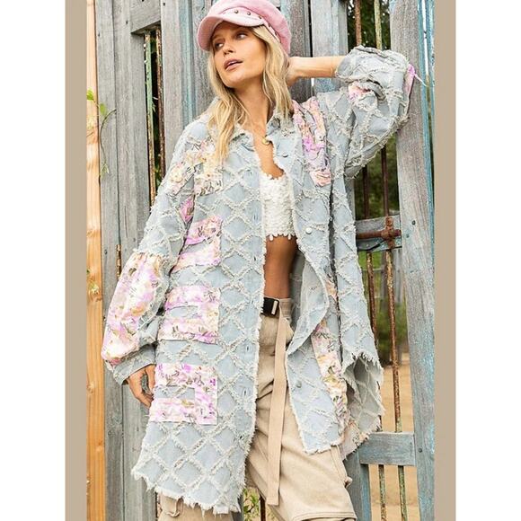 POL Tops - POL Frayed Patchwork Denim Shacket